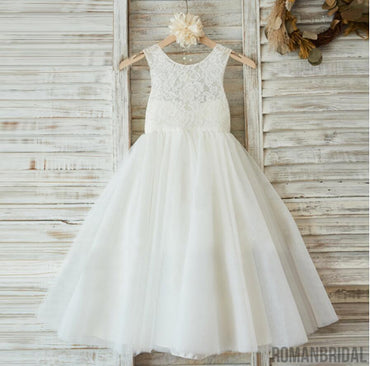 Lovely Princess Off White Lace Tulle Sleeveless Round Neck  Flower Girl Dresses, FGS035