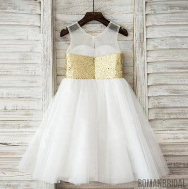 Lovely Shiny Golden Sequins Sweetheart Round Neck Sleeveless Flower Girl Dresses, FGS036