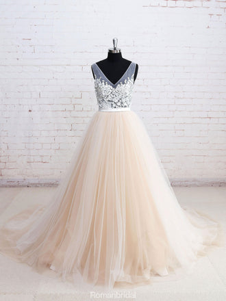 Popular Sexy Deep V-neck sleeveless Applique Tulle Wedding Dresses With Train, WD0348