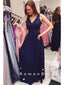 A-Line V-Neck Sleeveless Navy Blue Chiffon Lace Long Prom Dresses With Beading,RBPD0036