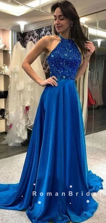 A-Line Halter Royal Blue Long Prom Dresses With Beading,RBPD0037