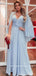 A-Line V-Neck Light Blue Chiffon Long Prom Dresses With Pleats,RBPD0038