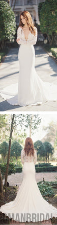 Sexy Deep V-Neck Lace Top Mermaid Wedding Party Dresses, long sleeve wedding gown ,WD0038