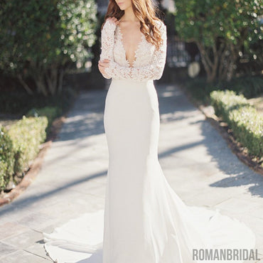 Sexy Deep V-Neck Lace Top Mermaid Wedding Party Dresses, long sleeve wedding gown ,WD0038
