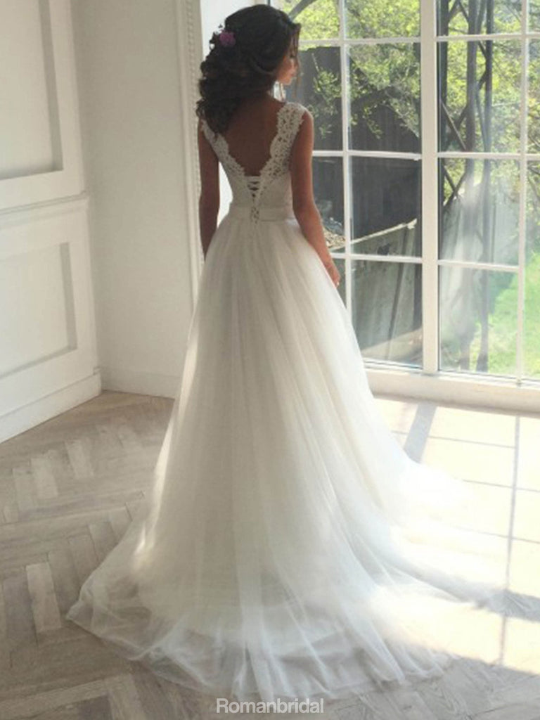 White Lace top Bateau sleeveless Appliques tulle Ball Gown Wedding Dresses with train, WD0337