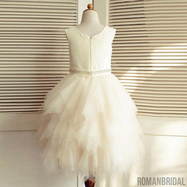 Ivory Satin Top Beaded Belt Tulle Flower Girl Dresses, Pixie Tutu Dresses, Little Girl Dresses, FG074