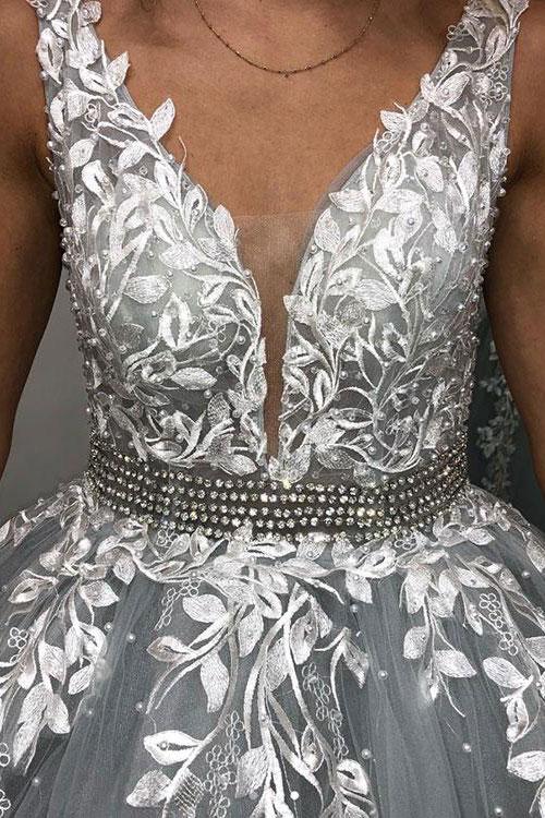 Grey Deep V-neck Tulle Appliques Beading Prom Dresses, PD0702
