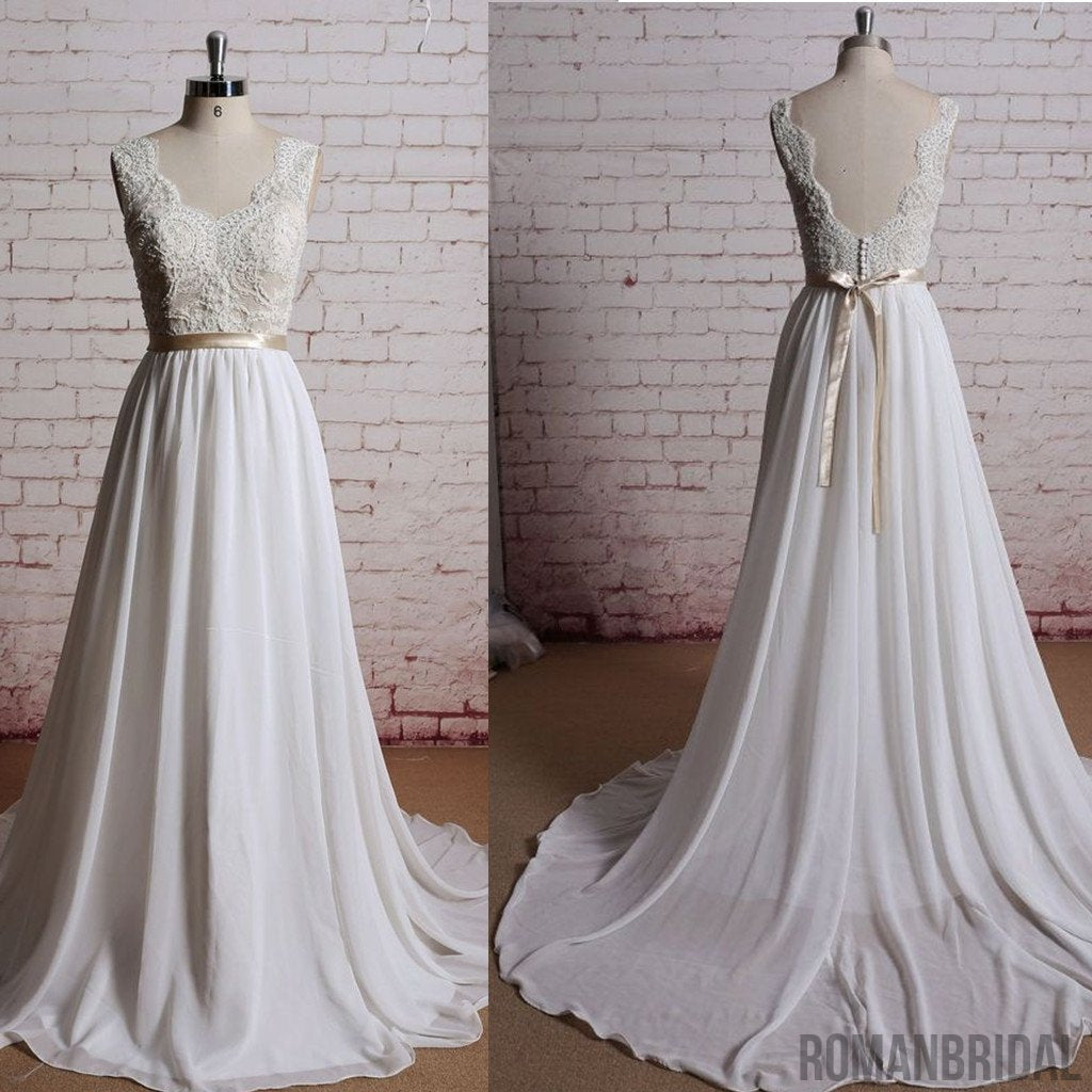 A-line V-Back Lace chiffon Champagne belt Beaded Sleeveless tail wedding dress, WD0320