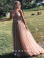 A-Line V-Neck Spaghetti Straps Tulle Long Prom Dresses With Beading,RBPD0003