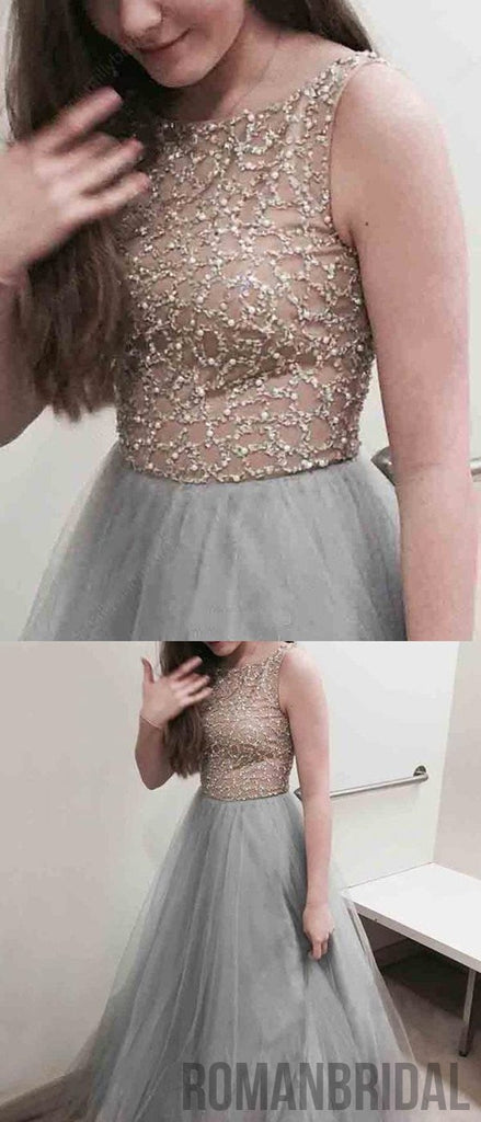 Floor-length A-line Grey Ball Gown Crew with Beaded, Elegant round neck sleeveless Long Prom Dress, PD0501