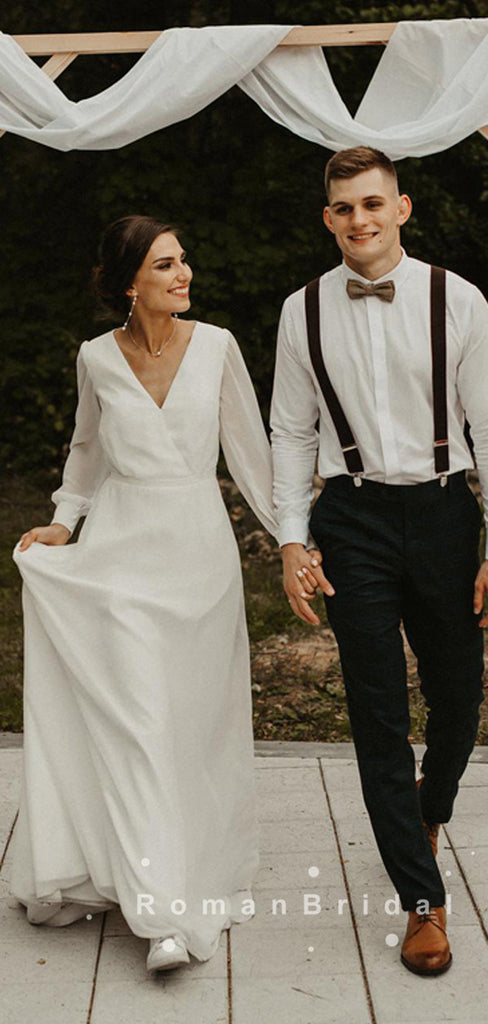 Simple A-Line V-Neck Long Sleeves Floor Length Wedding Dresses,RBWD0004