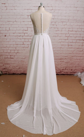 New Arrival Round Neck chiffon Lace Top Backless Wedding Dresses with train, WD0362