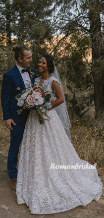 Charming V-neck A-line Lace Cheap Long Wedding Dresses Online,RBWD0034