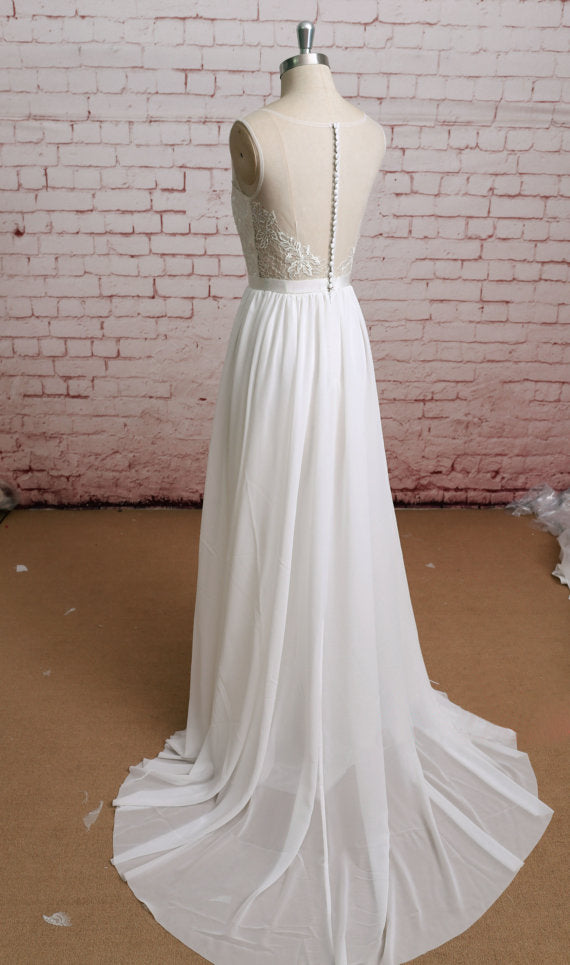 New Arrival Round Neck chiffon Lace Top Backless Wedding Dresses with train, WD0362