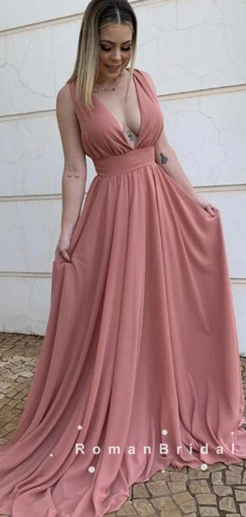 A-Line Deep V-Neck Sleeveless Chiffon Cheap Long Prom Dresses Online,RBPD0040