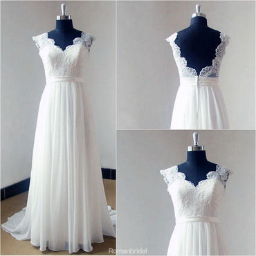 Newest A-line Sweep Trailing Chiffon V-neck Lace Top Backless wedding dresses, WD0334