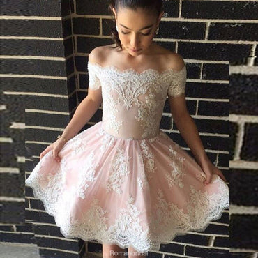 A-Line Off-the-Shoulder White Appliques Short Lovely Pink Homecoming Dress, HD0393