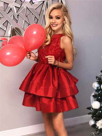 Halter Round Neck Lace Top Red Satin Homecoming Dresses, HD0538