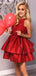 Halter Round Neck Lace Top Red Satin Homecoming Dresses, HD0538