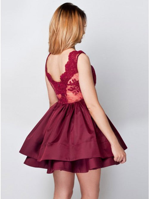 A-Line V-Neck Appliques Top Sleeveless Burgundy Homecoming Dresses, HD0540