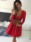 A-line V-neck Long Sleeves Lace Red Short Homecoming Dresses, HD0548