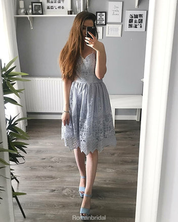 A-Line Sweetheart Spaghetti Straps Full Lace Sleeveless Short Homecoming Dress, HD0395