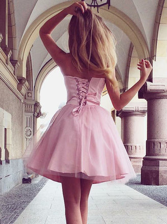 Sweetheart Strapless Lace-up Back Pink Tulle Homecoming Dresses, HD0549