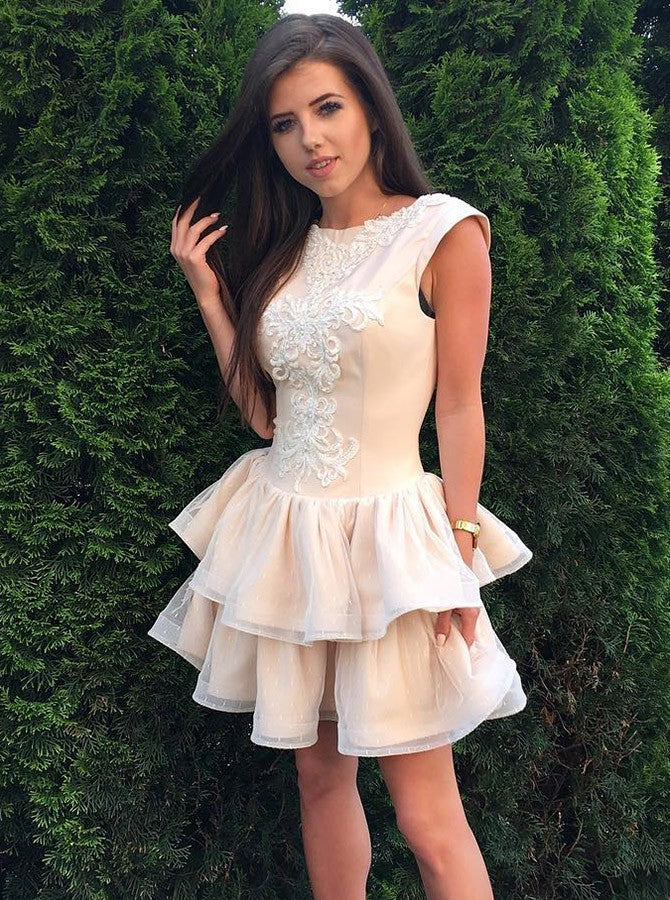 Amazing Cap Sleeves Lace Appliques Homecoming Dresses With Ruffles, HD0550