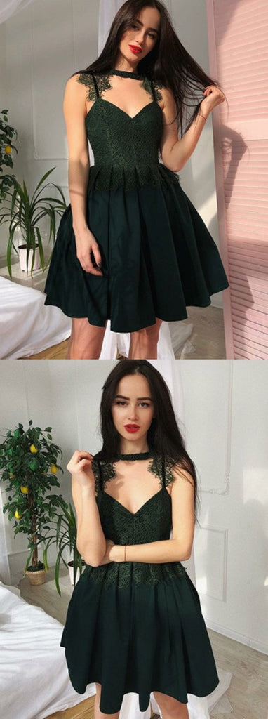 Elegant Lace Spaghetti Straps Top Pleated Skirt Short Homecoming Dress, HD0404