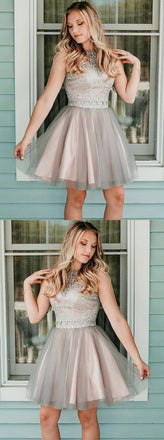 Newest Round Neck Lace Appliques Top Tulle skirt Short Homecoming Dress, HD0414