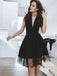 A-Line Sexy Deep V-Neck Black Beading Backless Tulle Homecoming Dresses, HD0375
