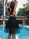 A-Line Sexy Deep V-Neck Black Beading Backless Tulle Homecoming Dresses, HD0375