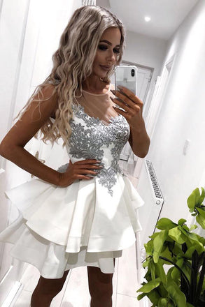 Newest Sexy V-neck Lace Appliques White Sleeveless Short Homecoming Dresses, HD0392