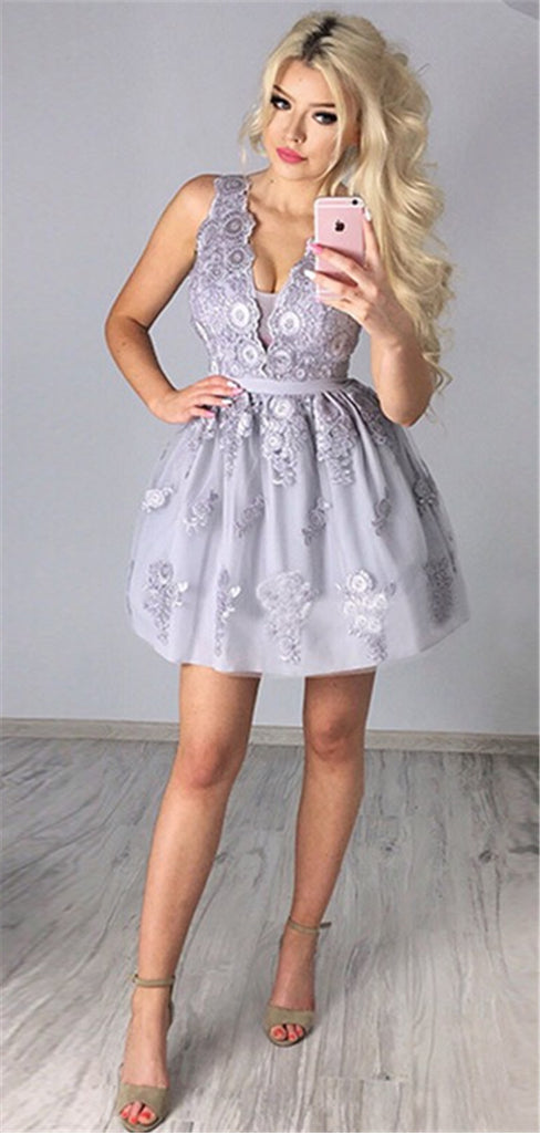 A-line V-neck Sleeveless Lace Appliques Short Homecoming Dresses, HD0517