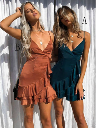 Spaghetti Straps V-neck Sexy Homecoming Dresses With Ruffles, HD0544