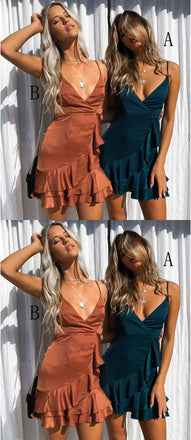 Spaghetti Straps V-neck Sexy Homecoming Dresses With Ruffles, HD0544