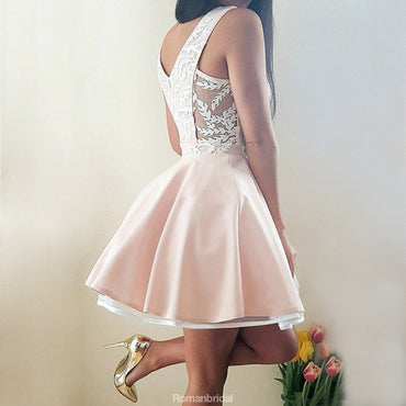 New Arrival Deep V-neck Lace Pink Party Dresses, Mini Homecoming Dresses, HD0364