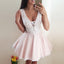 New Arrival Deep V-neck Lace Pink Party Dresses, Mini Homecoming Dresses, HD0364