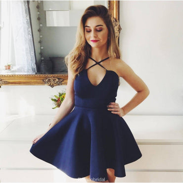 A-line V-neck Sexy Dark Blue Simple Cheap Junior Homecoming Dresses, HD0362