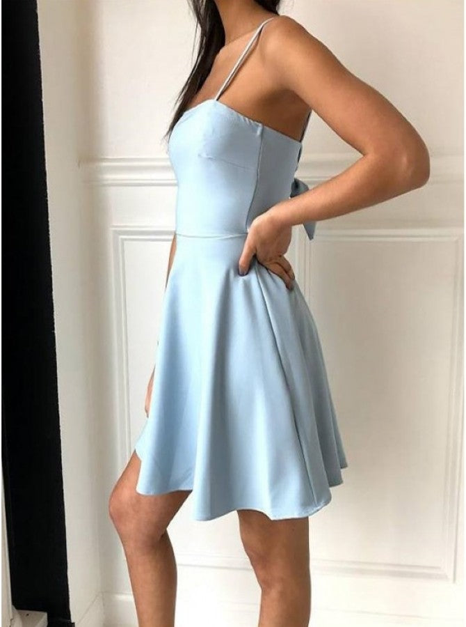 A-Line Spaghetti Straps Light Blue Open-back Homecoming Dresses, HD0527