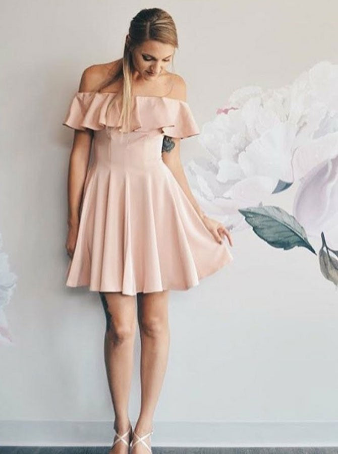 Off-shoulder Simple Chiffon Homecoming Dresses With Ruffles, HD0514
