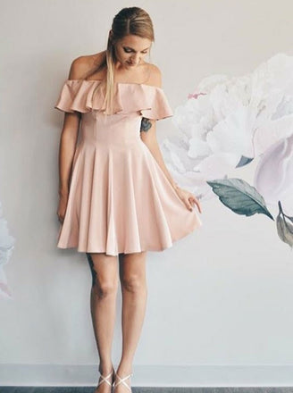 Off-shoulder Simple Chiffon Homecoming Dresses With Ruffles, HD0514