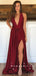 Simple A-Line Deep V-Neck Sleeveless Burgundy Split Side Cheap Long Prom Dresses,RBPD0041