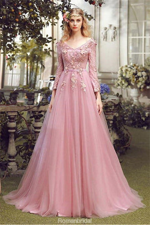 Floor-length A-line V-neck long sleeve evening dress,  Pink lace applique Back strap long prom dresses，PD0517