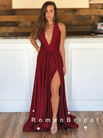 Simple A-Line Deep V-Neck Sleeveless Burgundy Split Side Cheap Long Prom Dresses,RBPD0041