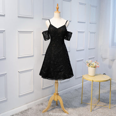 A-line Spaghetti Straps V-neck Short sleeves Black Lace Sequins Homecoming Dresses, HD0390