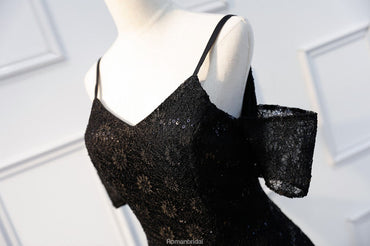 A-line Spaghetti Straps V-neck Short sleeves Black Lace Sequins Homecoming Dresses, HD0390