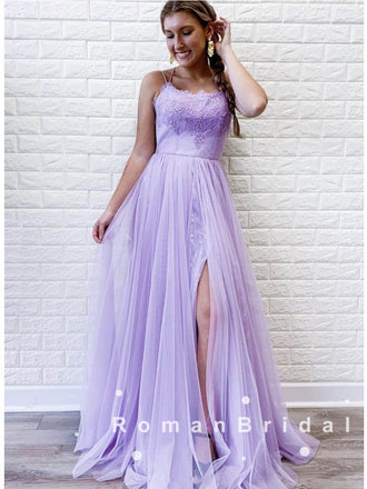 A-Line Spaghetti Straps Tulle Lace Long Prom Dresses With Slit,RBPD0042
