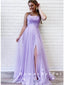 A-Line Spaghetti Straps Tulle Lace Long Prom Dresses With Slit,RBPD0042