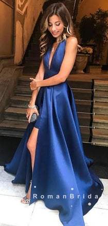 New Arrival A-Line V-Neck Sleeveless Split Side Cheap Long Prom Dresses,RBPD0043